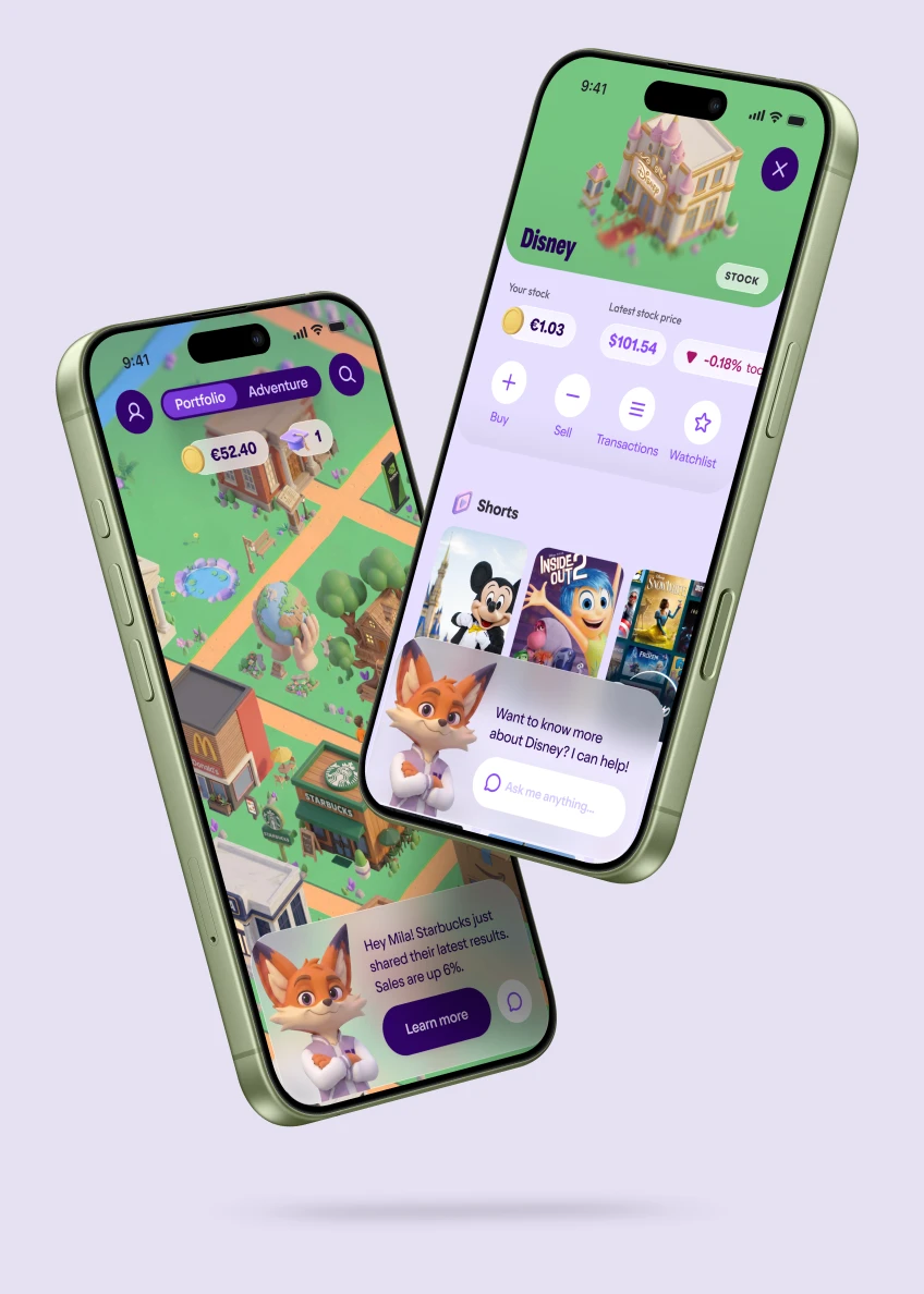 Two phones: the YES portfolio as an isometric adventure world, and a Disney stock page with a fox assistant