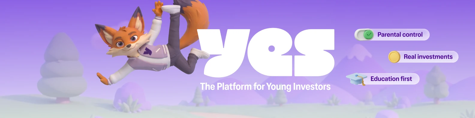 YES banner: the fox character leaping next to the YES logo, “The platform for young investors”