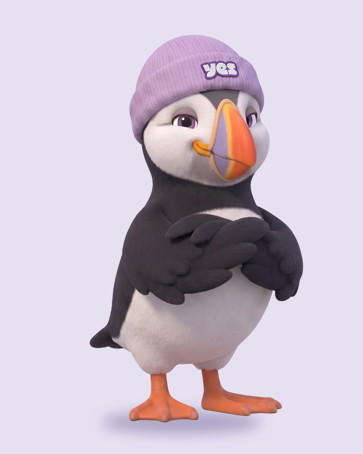 Lundy the puffin in a lilac YES beanie