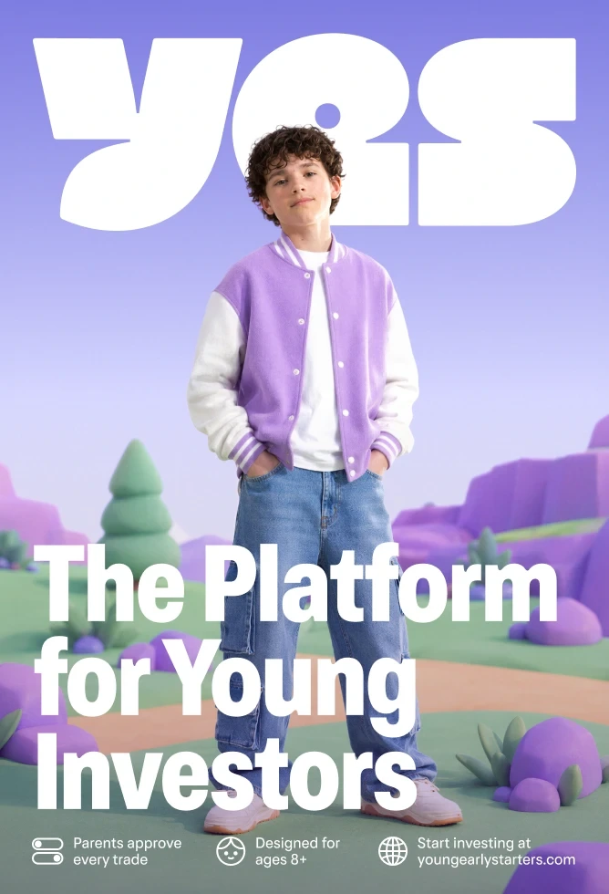 A YES poster: a kid in a lilac varsity jacket in a playful 3D world